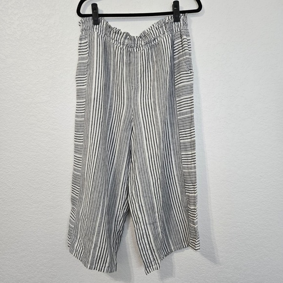 Vince Camuto L Striped Linen Cropped Wide Leg Pants Elastic Waist Pull On - Picture 1 of 6